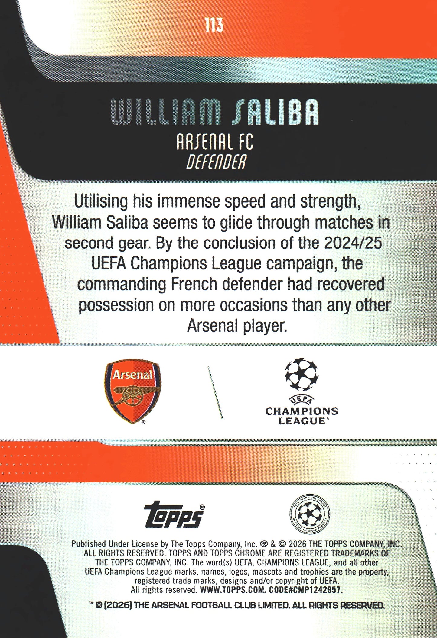 2025 Topps Chrome UCC William Saliba #113 Arsenal FC