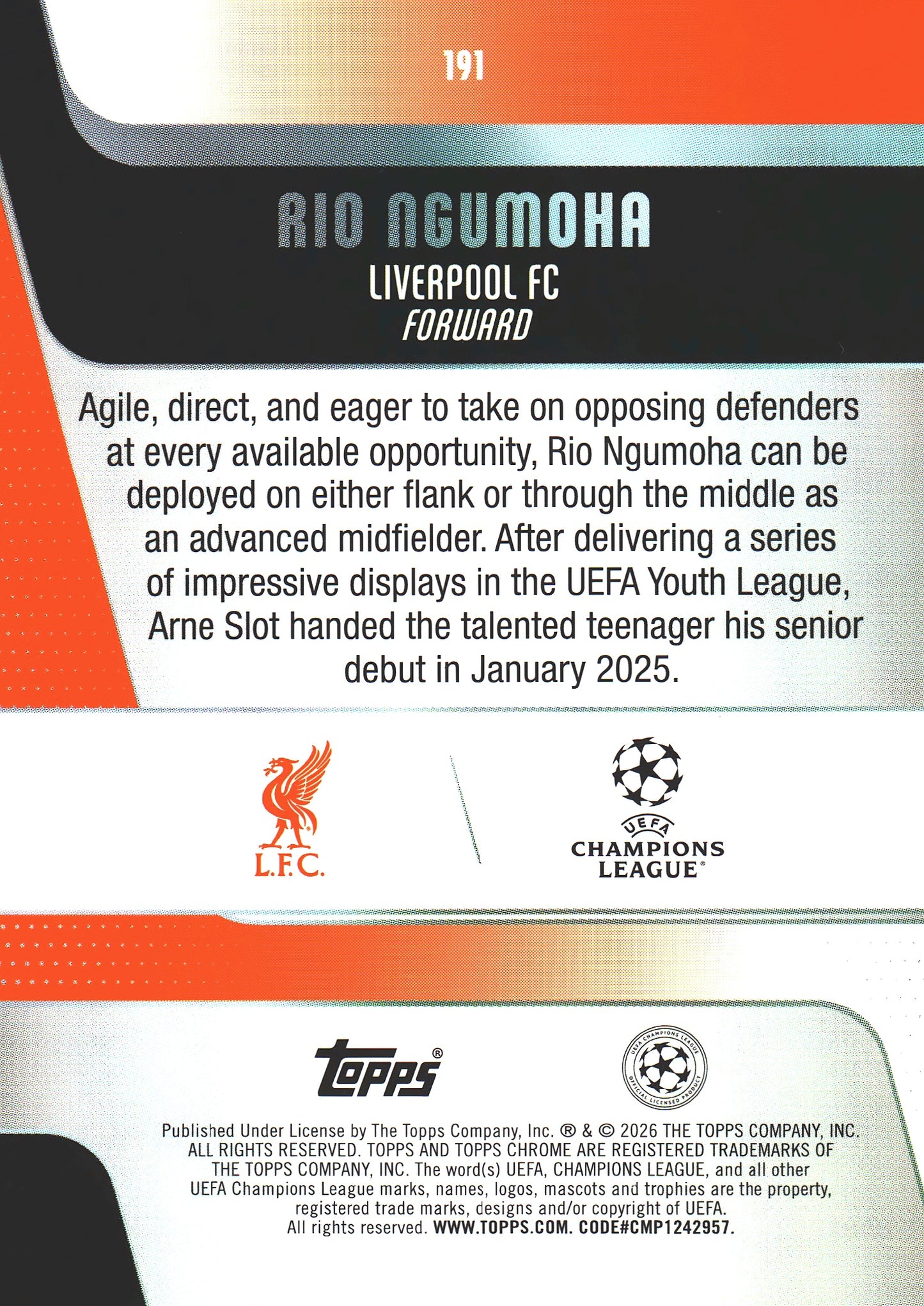 2025 Topps Chrome UCC Rio Ngumoha RC #191 Liverpool FC