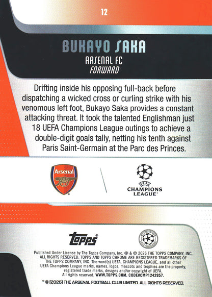 2025 Topps Chrome UCC Aqua /299 Bukayo Saka #12 Arsenal FC