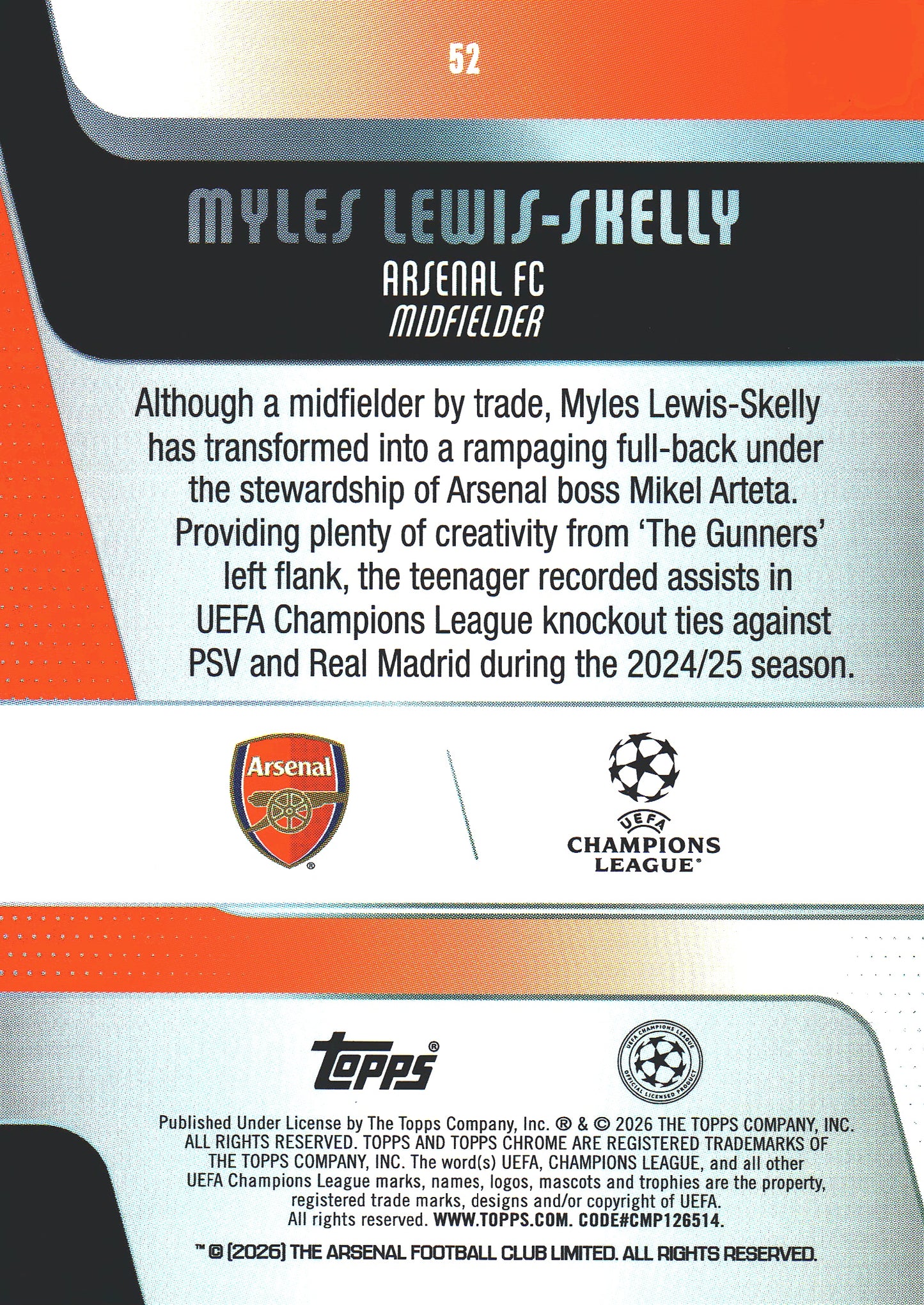 2025 Topps Chrome UCC Myles Lewis-Skelly RC #52 Arsenal FC