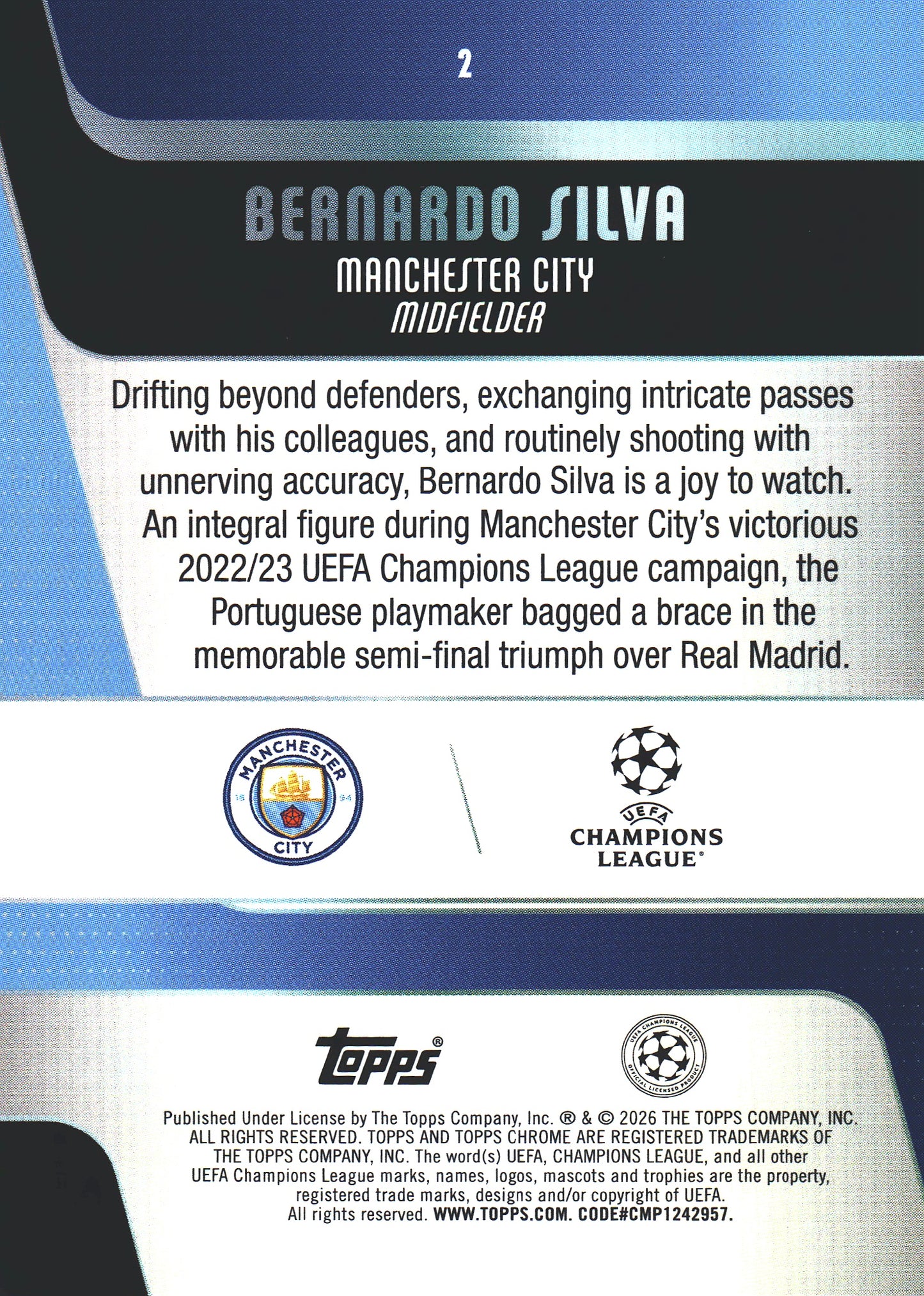 2025 Topps Chrome UCC Aqua /199 Bernardo Silva #2 Manchester City