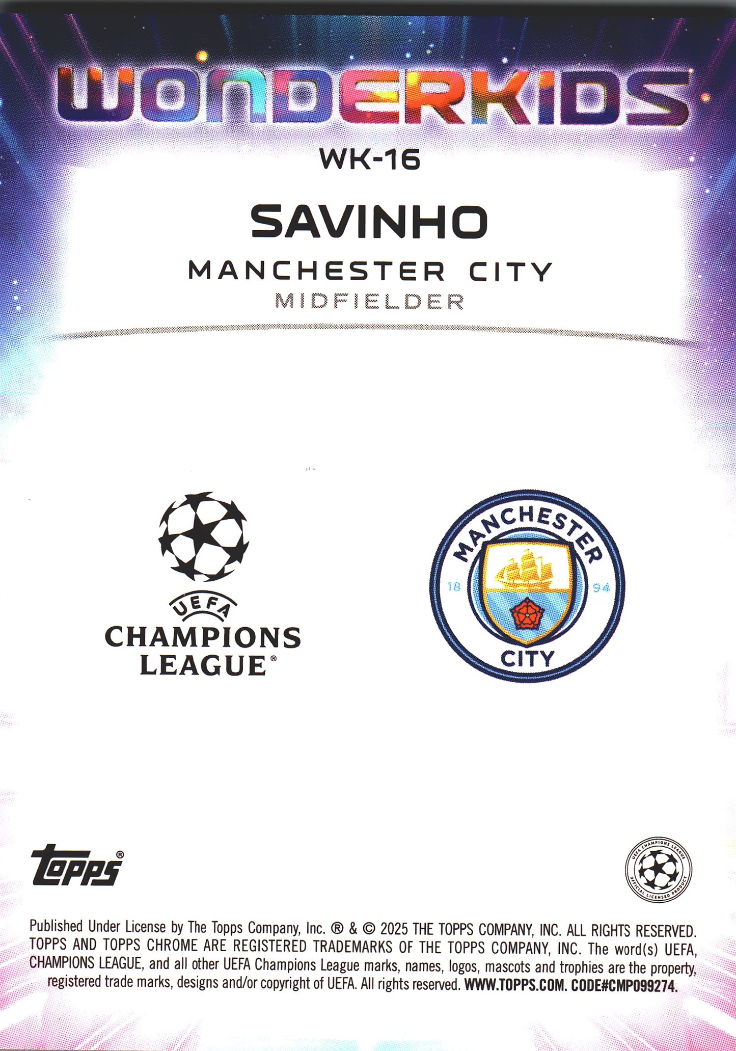 2024 Topps Chrome UCC Wonderkids Japan Mojo Savinho #WK-16 Manchester City