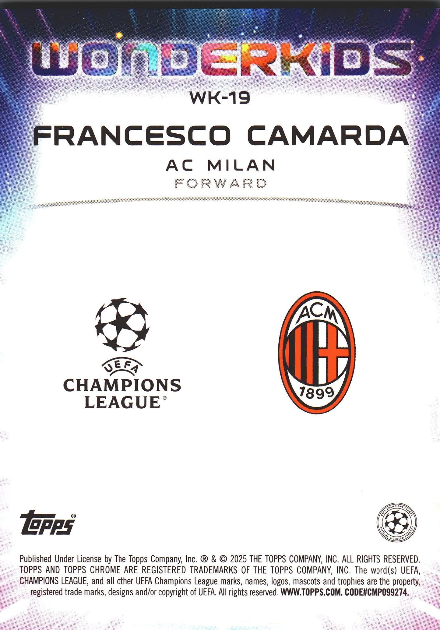 2024 Topps Chrome UCC Wonderkids Japan Mojo Francesco Camarda #WK-19 AC Milan