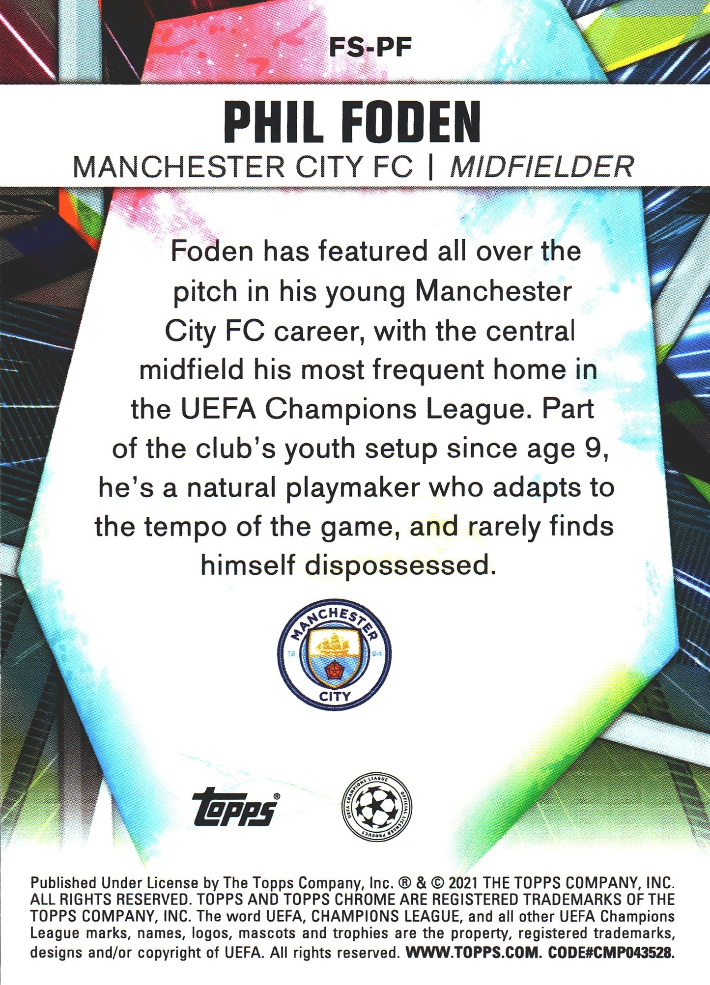 2020 Topps Chrome UCC Future Stars Phil Foden #FS-PF Manchester City