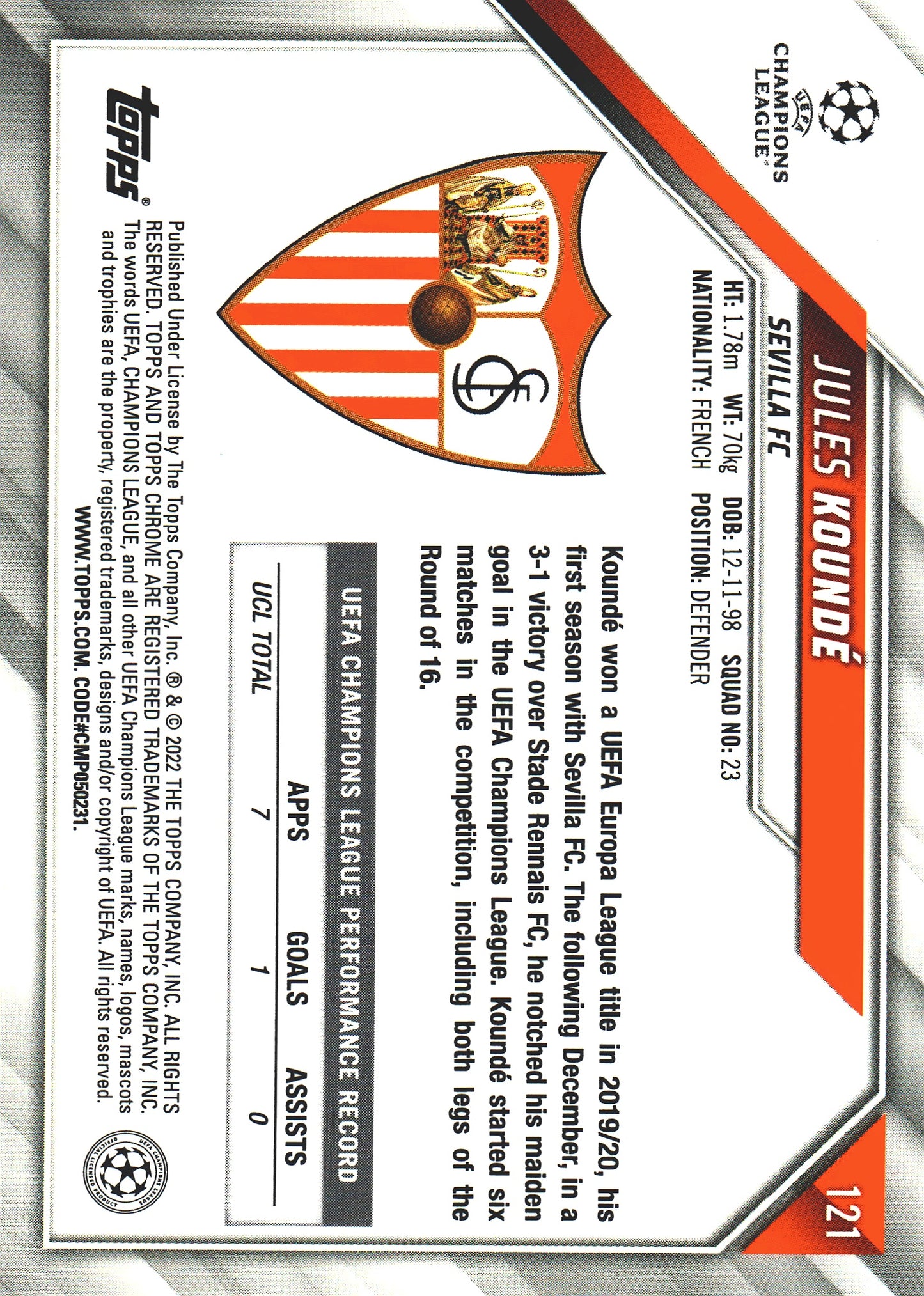 2021 Topps Chrome UCC Jules Koundé #121 Sevilla FC
