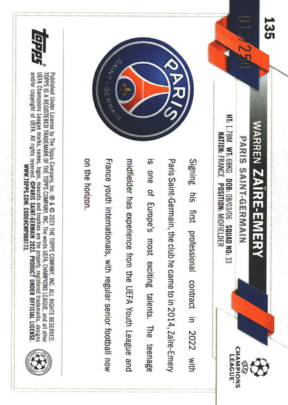 2022 Topps Chrome UCC Pink /250 Warren Zaïre-Emery RC #135 Paris Saint-Germain