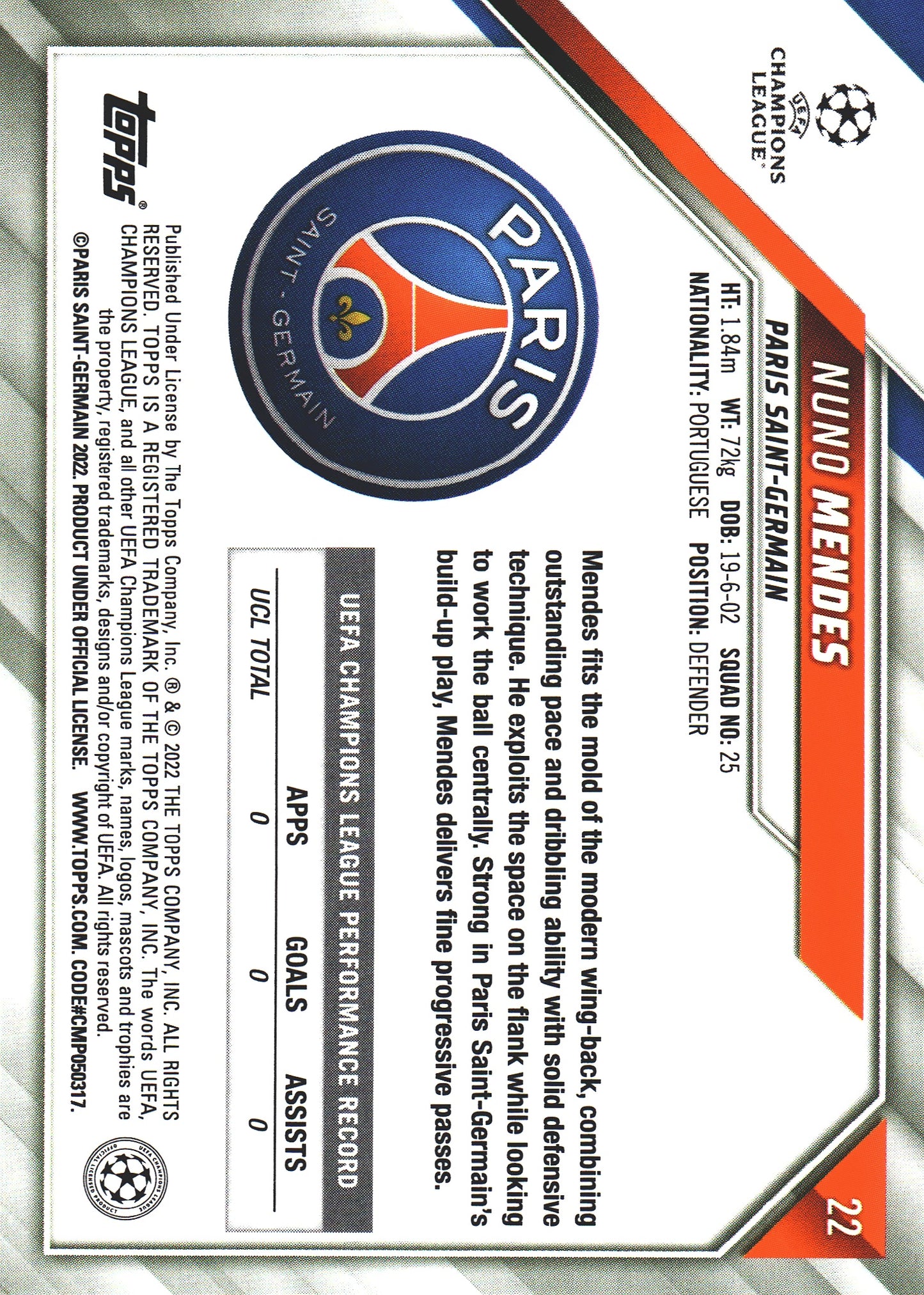 2021 Topps Chrome UCC Sapphire Nuno Mendes RC #22 Paris Saint-Germain