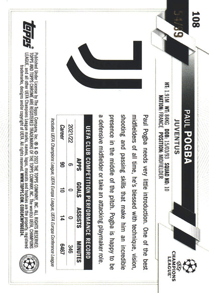 2022 Topps Chrome UCC Sapphire Gold /99 Paul Pogba #108 Juventus