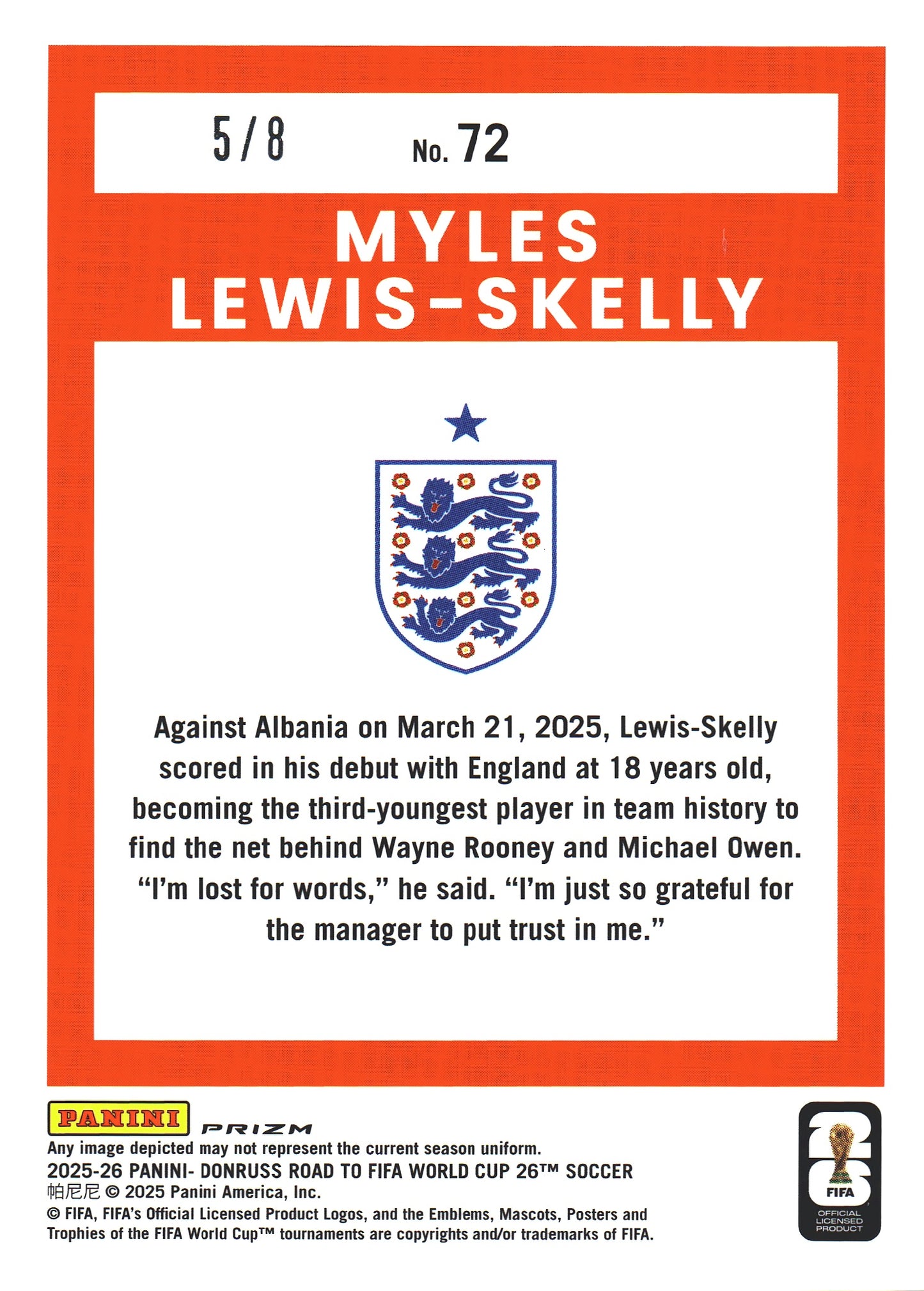 2025 Panini Donruss Optic World Cup Dragon /8 Myles Lewis-Skelly #72 England