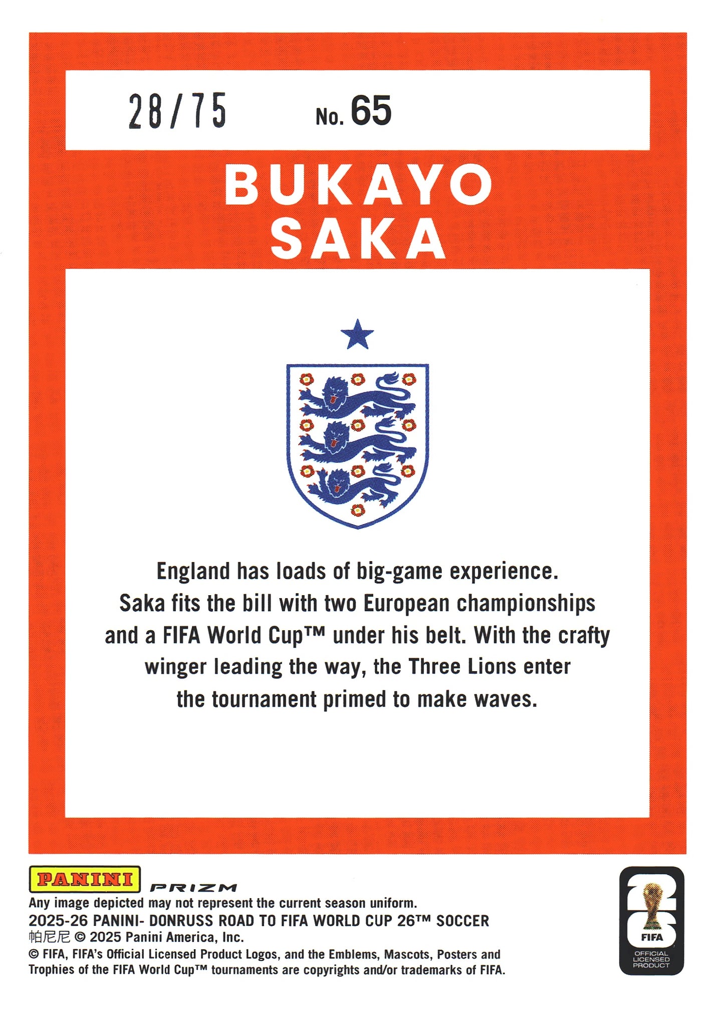 2025 Panini Donruss Optic World Cup Electricity /75 Bukayo Saka #65 England