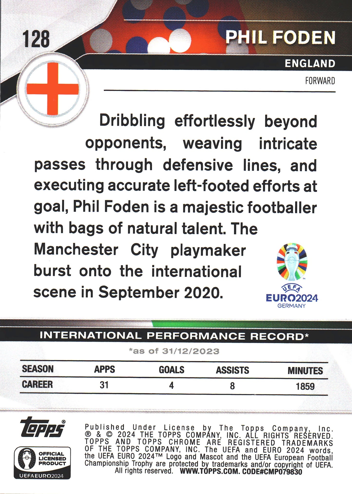 2024 Topps Chrome EURO Sapphire Phil Foden #128 England