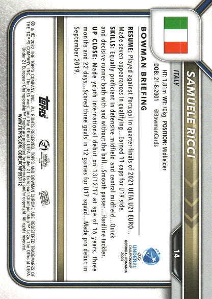2022 Bowman Chrome Road to UEFA U21 Samuele Ricci 1st #14 Italy