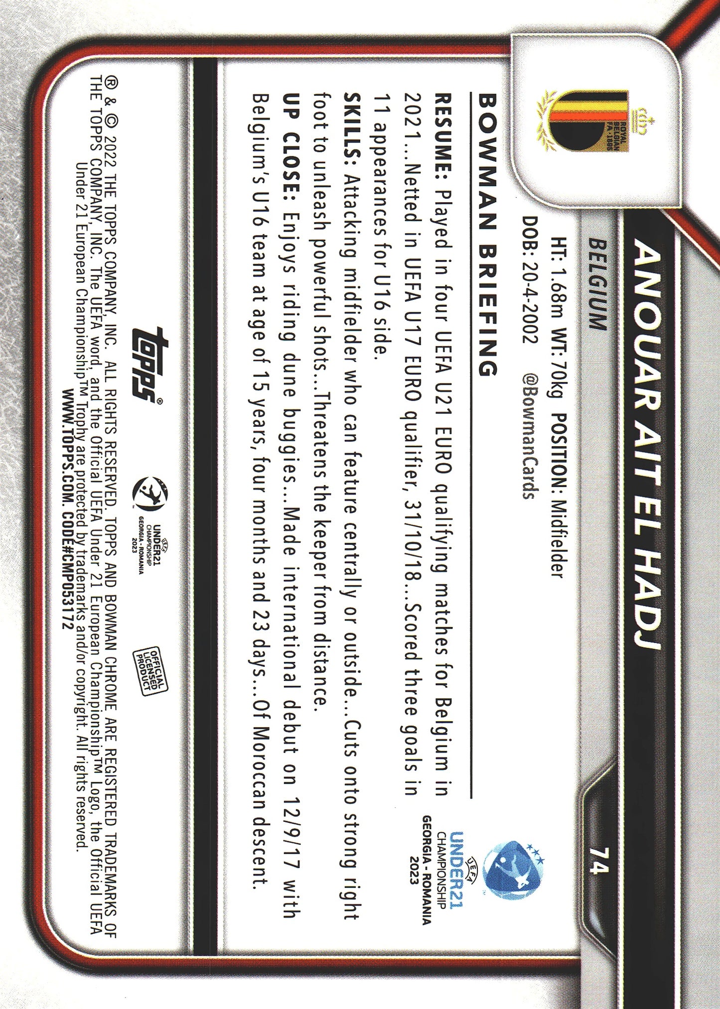 2022 Bowman Chrome Road to UEFA U21 Anouar Ait El Hadj 1st #74 Belgium
