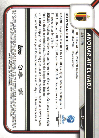 2022 Bowman Chrome Road to UEFA U21 Anouar Ait El Hadj 1st #74 Belgium