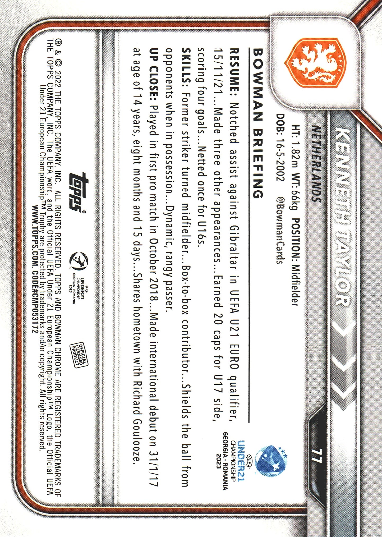2022 Bowman Chrome Road to UEFA U21 Kenneth Taylor #77 Netherlands
