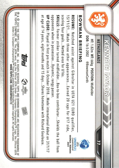 2022 Bowman Chrome Road to UEFA U21 Kenneth Taylor #77 Netherlands