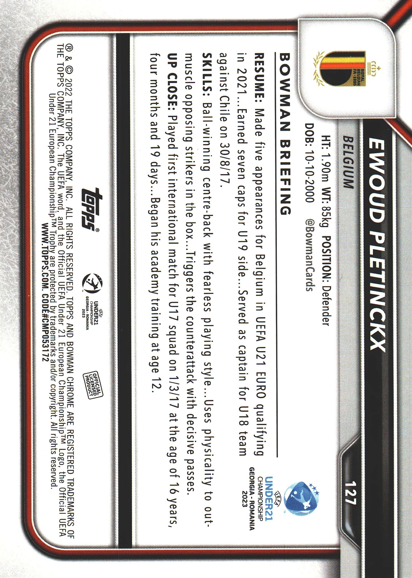 2022 Bowman Chrome Road to UEFA U21 Ewoud Pletinckx 1st #127 Belgium