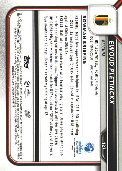 2022 Bowman Chrome Road to UEFA U21 Ewoud Pletinckx 1st #127 Belgium