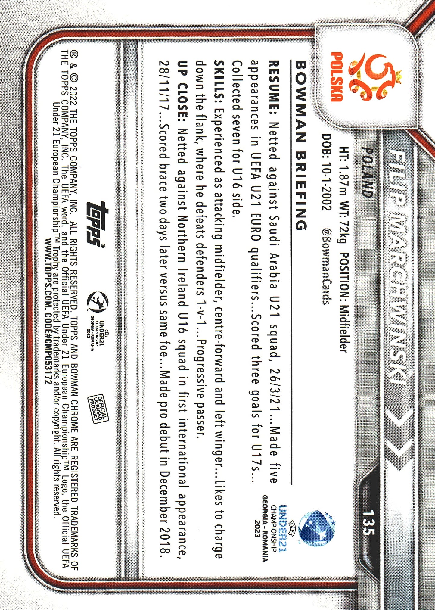 2022 Bowman Chrome Road to UEFA U21 Filip Marchwiński 1st #135 Poland
