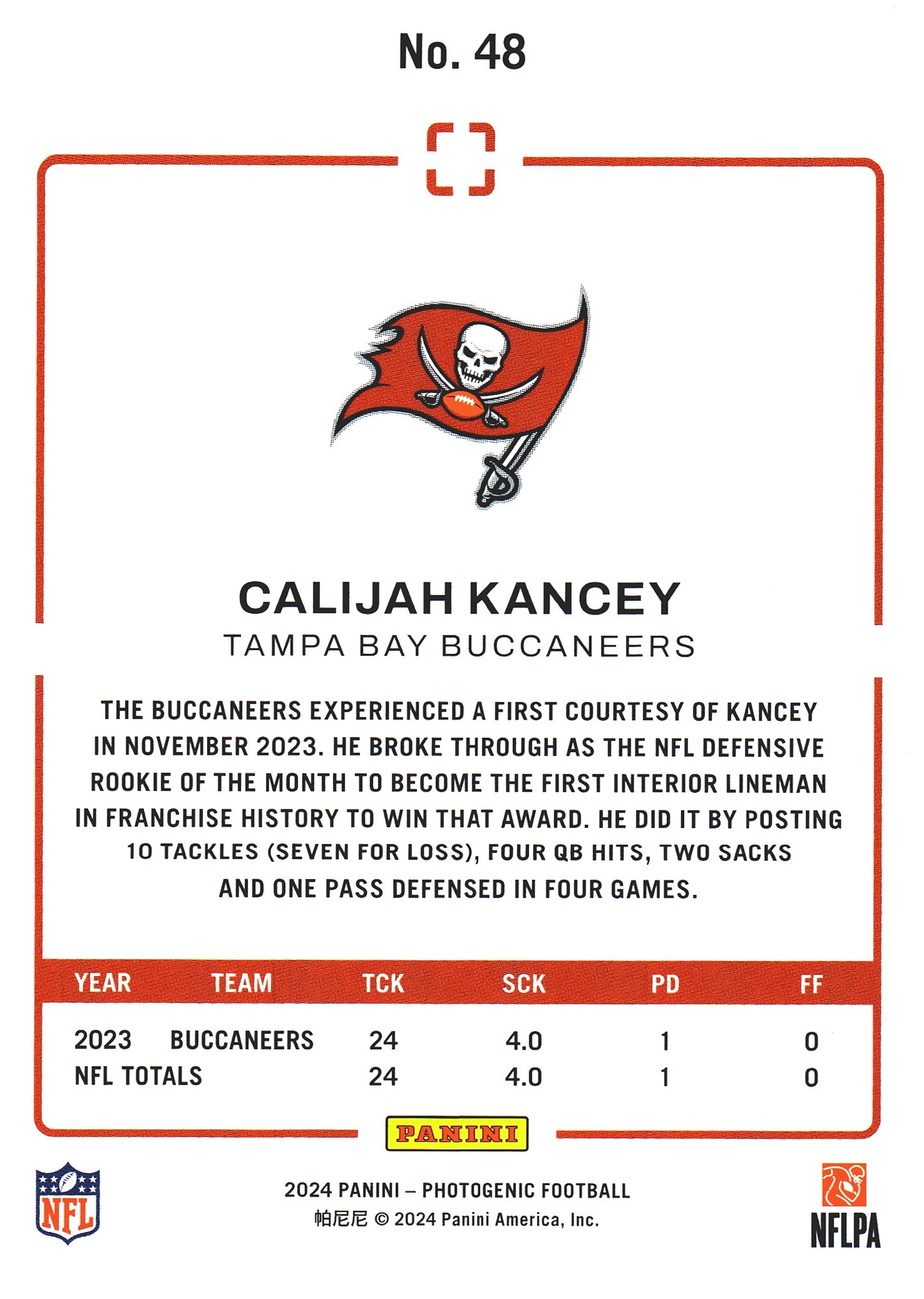 2024 Panini Photogenic Calijah Kancey Pink /75 #48 Tampa Bay Buccaneers