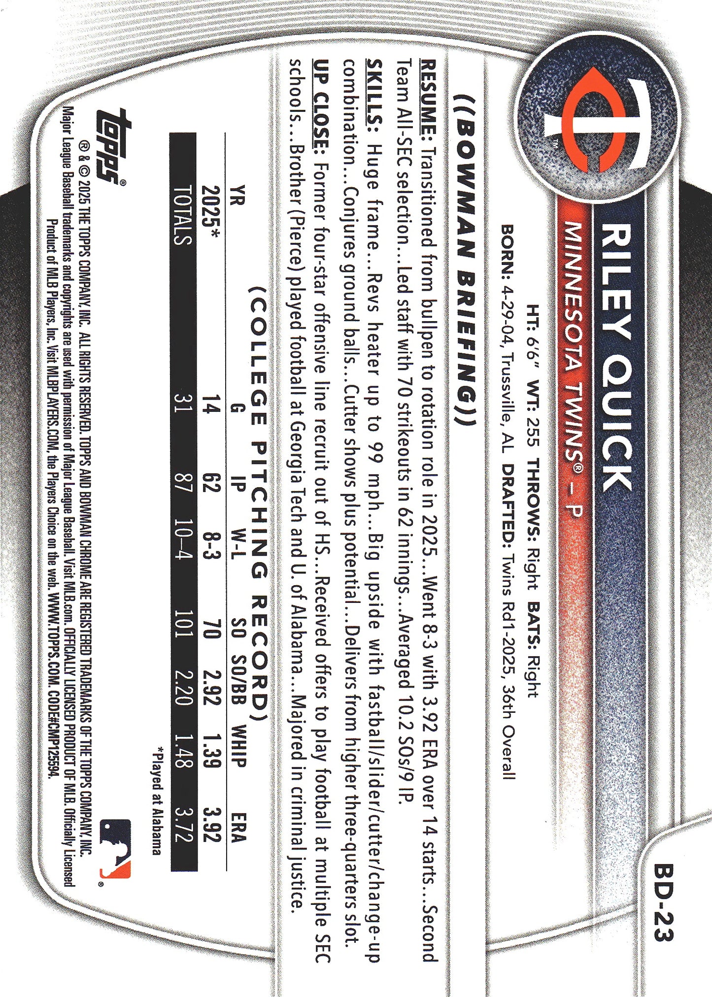 2025 Topps Bowman Draft Sky Blue /499 Riley Quick 1st #BD-23 Minnesota Twins
