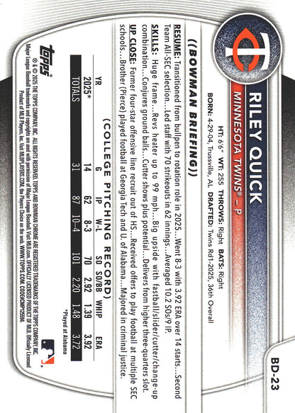 2025 Topps Bowman Draft Sky Blue /499 Riley Quick 1st #BD-23 Minnesota Twins