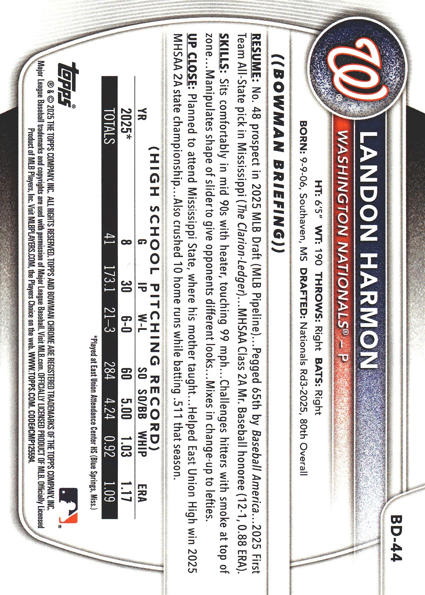 2025 Topps Bowman Draft Sky Blue /499 Landon Harmon 1st #BD-44 Washington Nationals