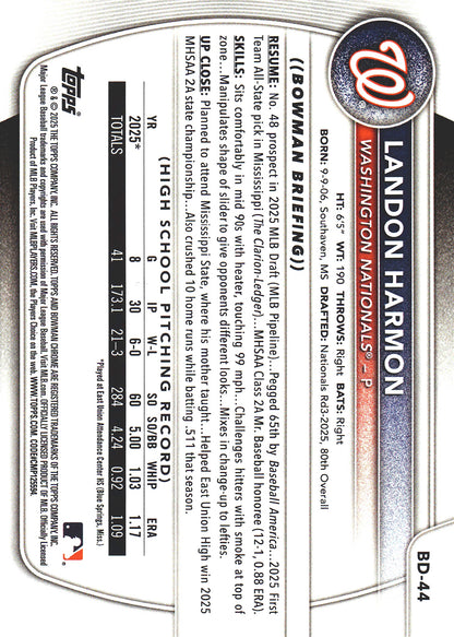 2025 Topps Bowman Draft Sky Blue /499 Landon Harmon 1st #BD-44 Washington Nationals