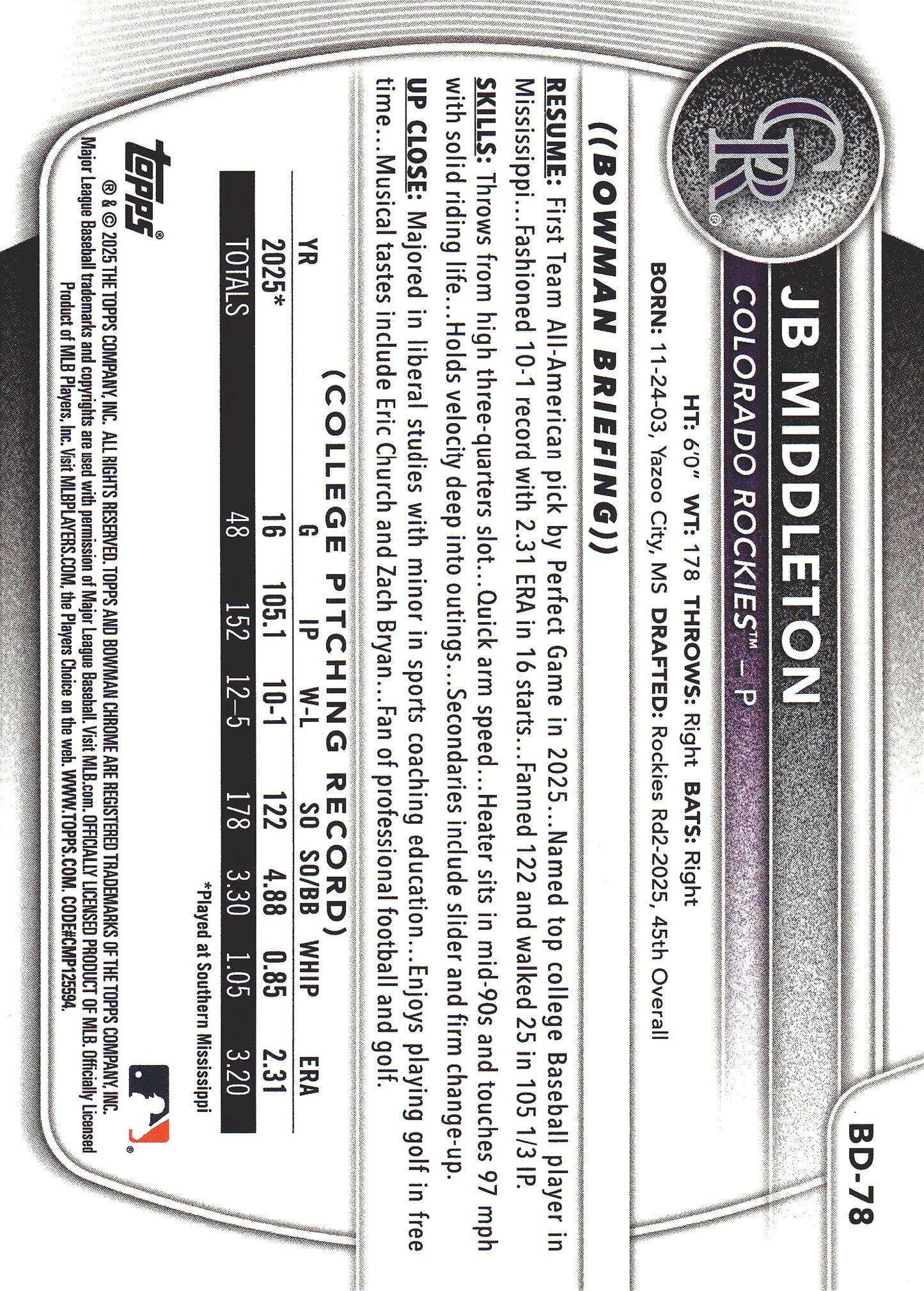2025 Topps Bowman Draft Sky Blue /499 JB Middleton 1st #BD-78 Colorado Rockies