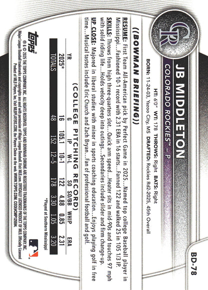2025 Topps Bowman Draft Sky Blue /499 JB Middleton 1st #BD-78 Colorado Rockies
