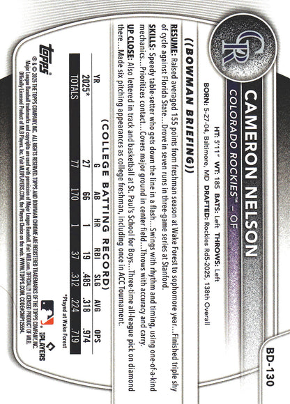 2025 Topps Bowman Draft Sky Blue /499 Cameron Nelson 1st #BD-130 Colorado Rockies