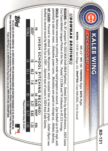 2025 Topps Bowman Draft Sky Blue /499 Kaleb Wing 1st #BD-131 Chicago Cubs