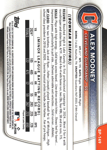 2025 Topps Bowman Prospects Fuchsia /299 Alex Mooney 1st #BP-149 Cleveland Guardians