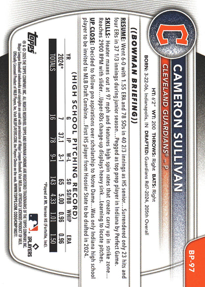 2025 Topps Bowman Prospects Purple /250 Cameron Sullivan 1st #BP-97 Cleveland Guardians