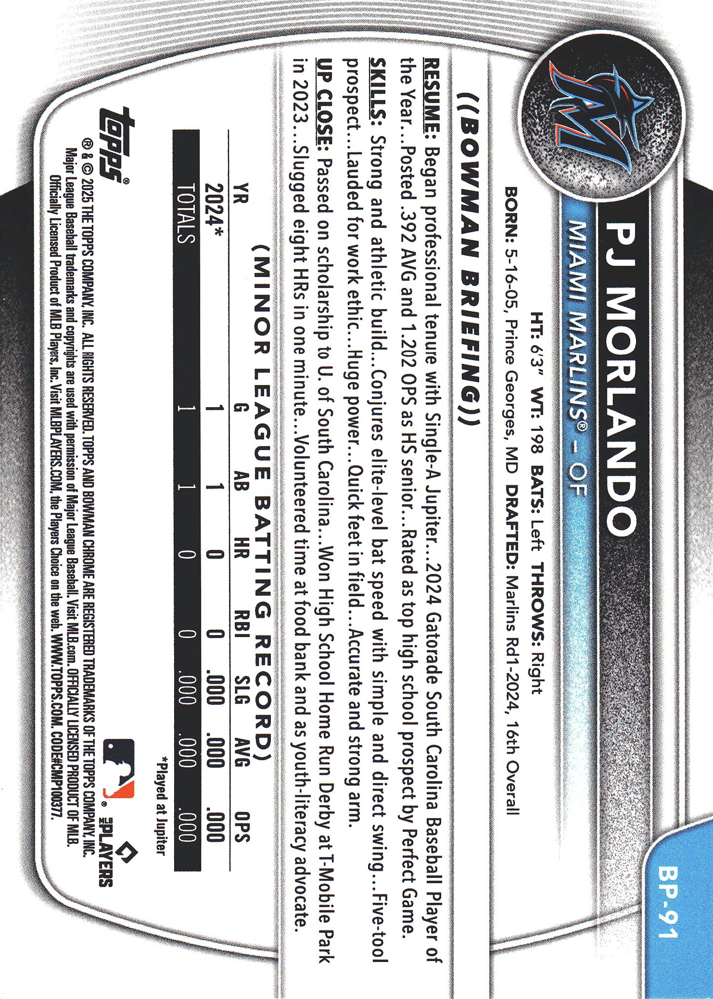 2025 Topps Bowman Prospects Purple Bandana /199 PJ Morlando 1st #BP-91 Miami Marlins