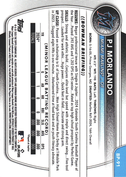 2025 Topps Bowman Prospects Purple Bandana /199 PJ Morlando 1st #BP-91 Miami Marlins