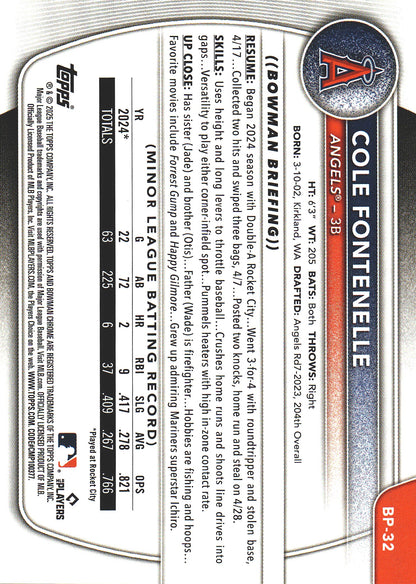 2025 Topps Bowman Prospects Green Bandana /99 Cole Fontenelle 1st #BP-32 Los Angeles Angels