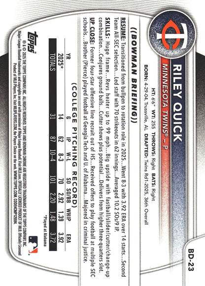 2025 Topps Bowman Draft Green /99 Riley Quick 1st #BD-23 Minnesota Twins