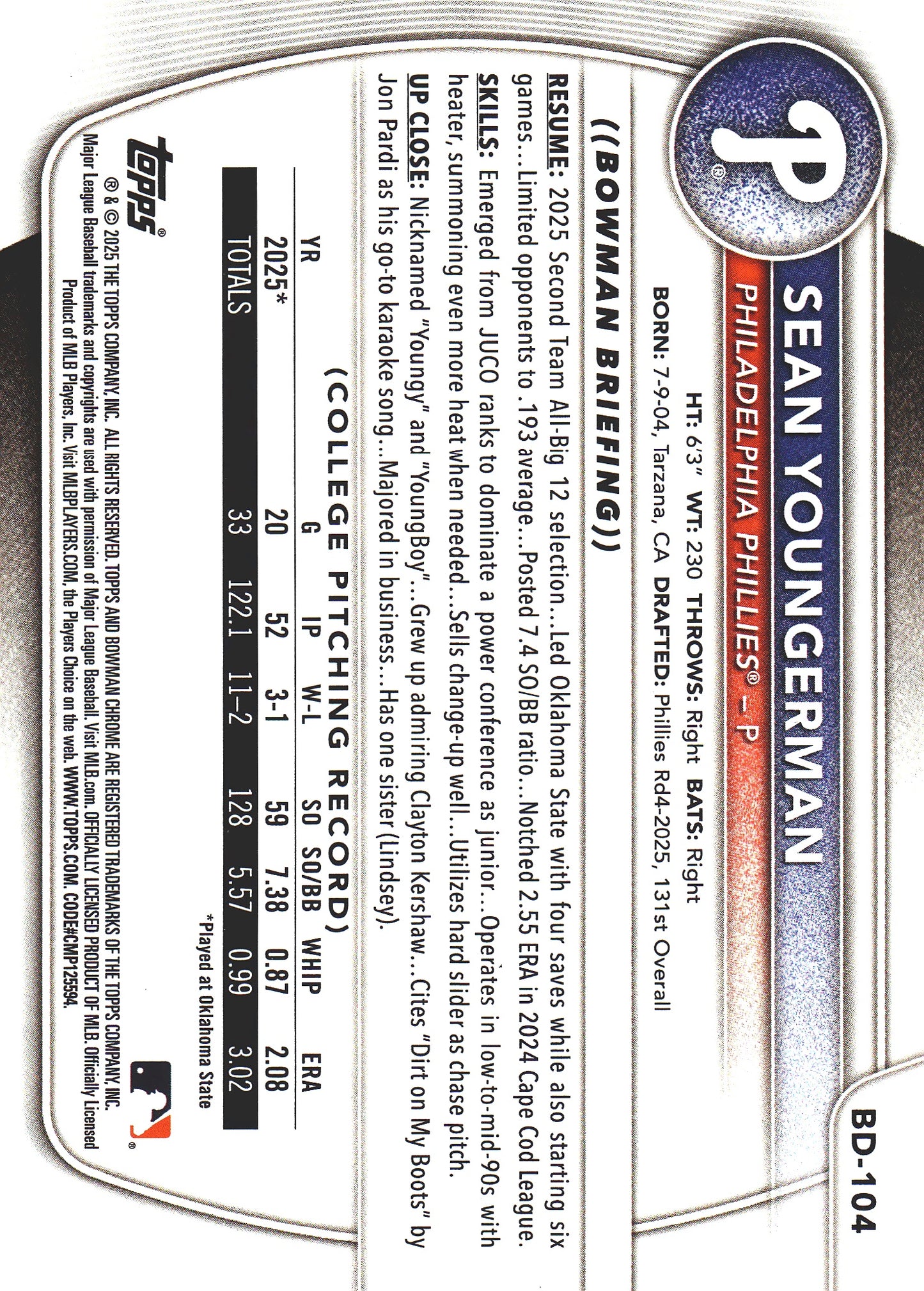 2025 Topps Bowman Draft Gold /50 Sean Youngerman 1st #BD-104 Philadelphia Phillies