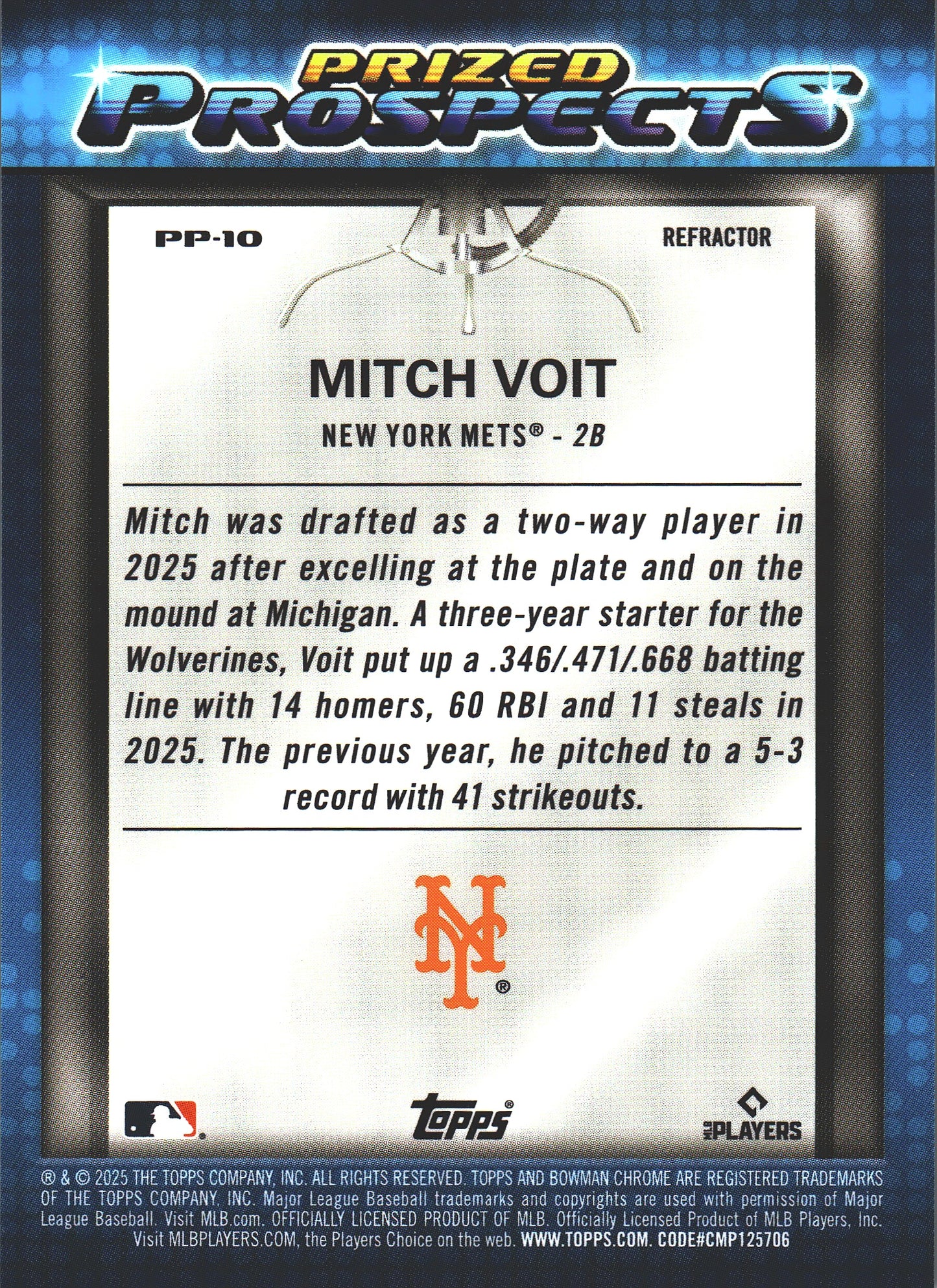 2025 Topps Bowman Draft /250 Mitch Voit #PP-10 New York Mets