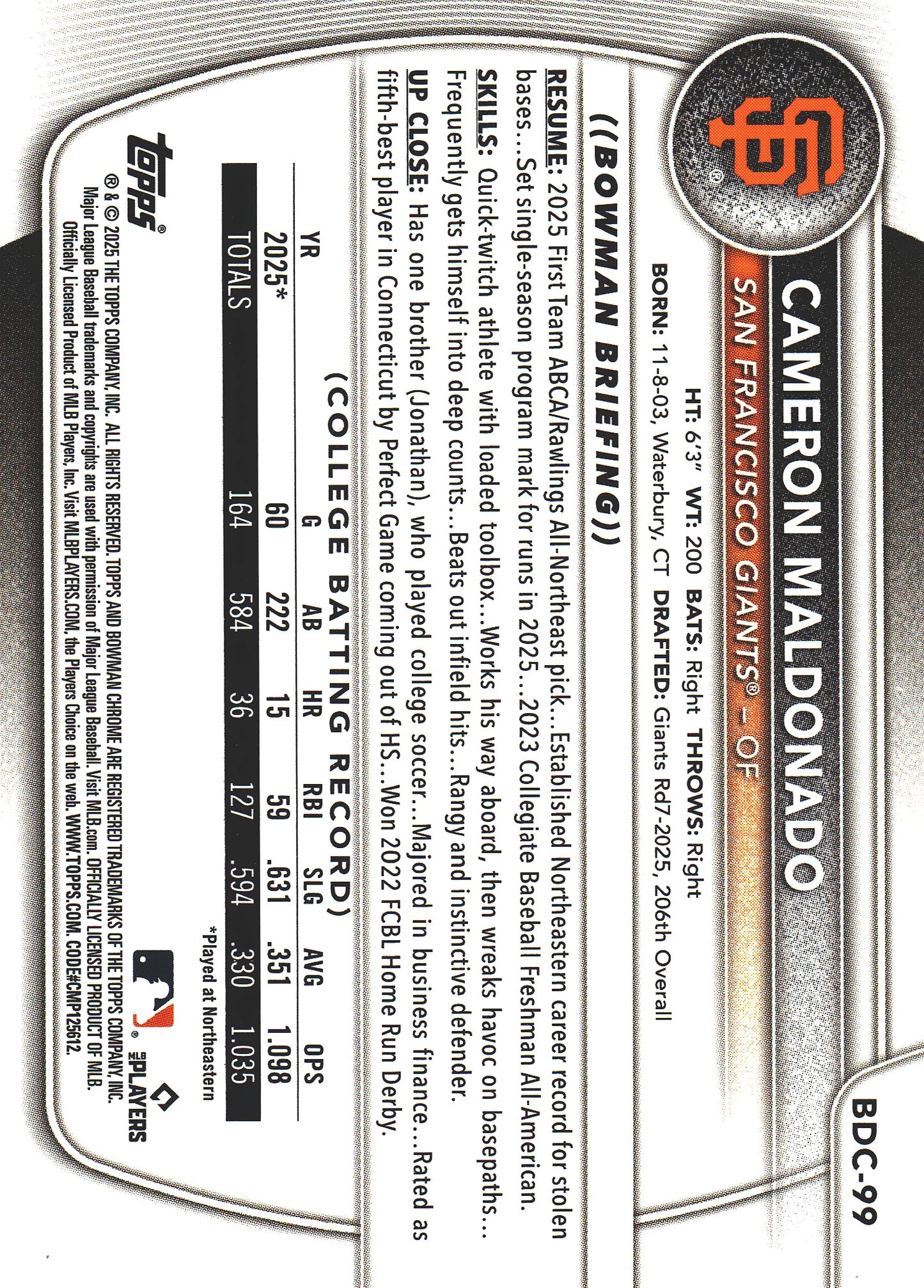 2025 Topps Bowman Draft Chrome Purple /250 1st Cameron Maldonado #BDC-99 San Francisco Giants