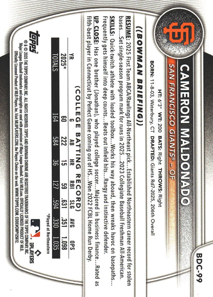 2025 Topps Bowman Draft Chrome Purple /250 1st Cameron Maldonado #BDC-99 San Francisco Giants