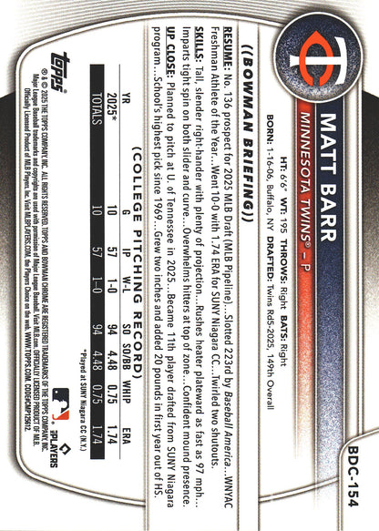 2025 Topps Bowman Draft Chrome Purple /250 1st Matt Barr #BDC-154 Minnesota Twins