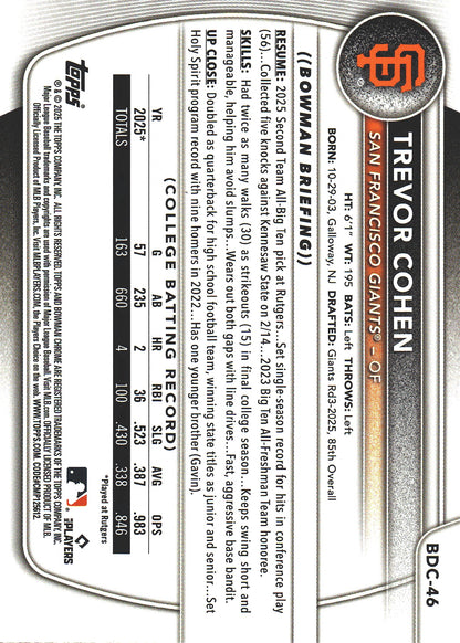 2025 Topps Bowman Draft Chrome Reptilian Fuchsia /199 1st Trevor Cohen #BDC-46 San Francisco Giants