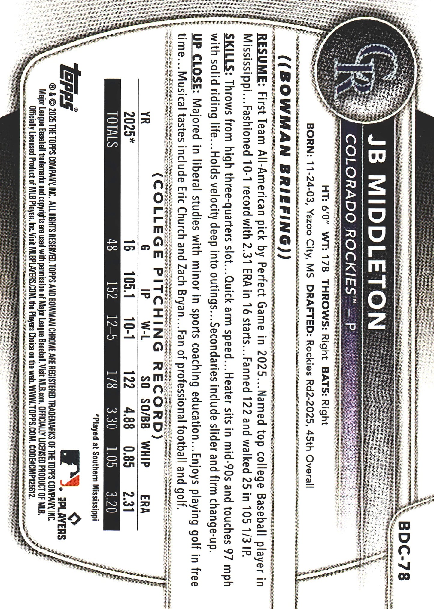 2025 Topps Bowman Draft Chrome Reptilian Fuchsia /199 1st JB Middleton #BDC-78 Colorado Rockies