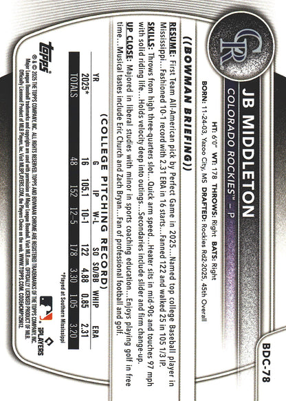 2025 Topps Bowman Draft Chrome Reptilian Fuchsia /199 1st JB Middleton #BDC-78 Colorado Rockies