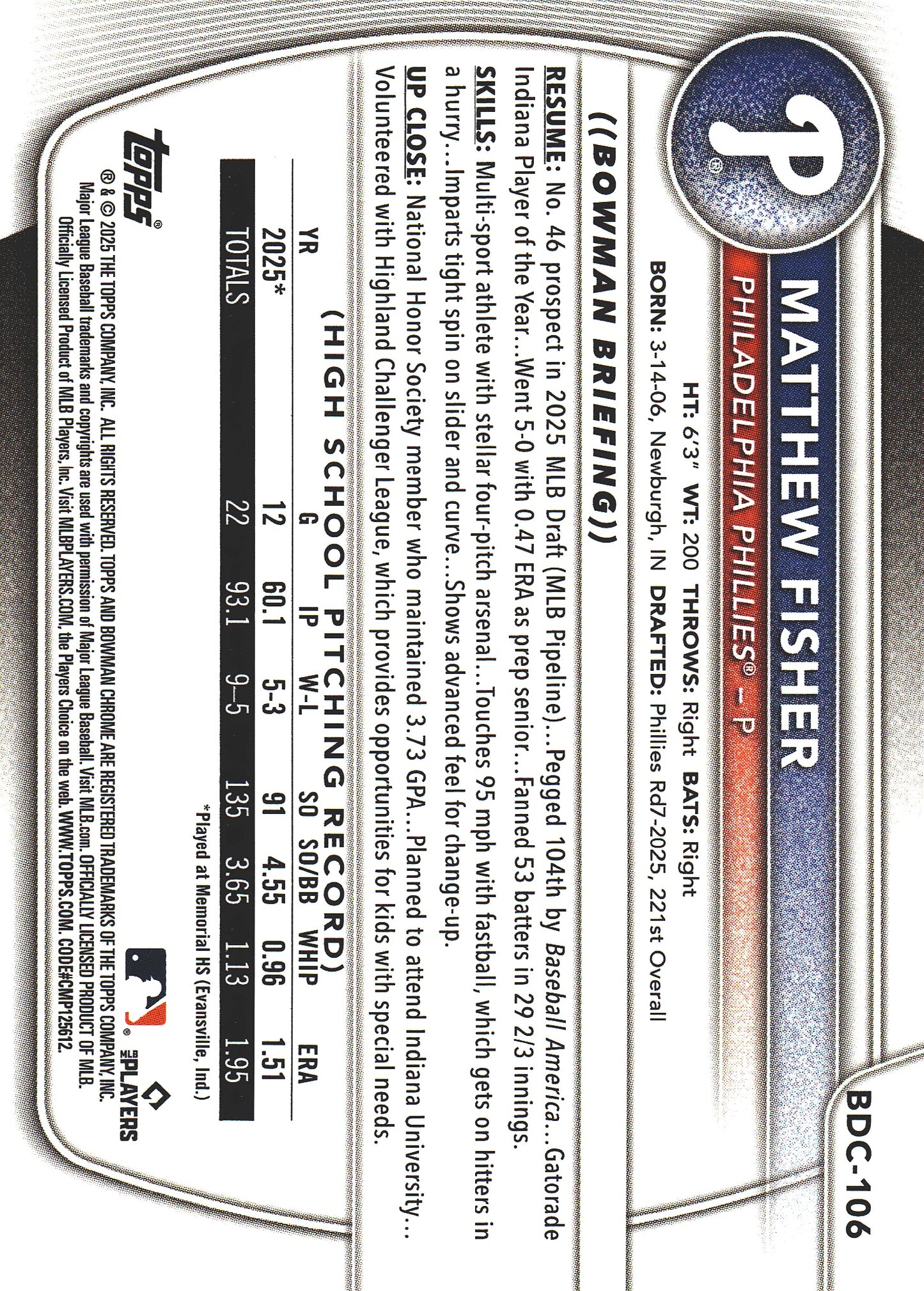 2025 Topps Bowman Draft Chrome Reptilian Fuchsia /199 1st Matthew Fisher #BDC-106 Philadelphia Phillies