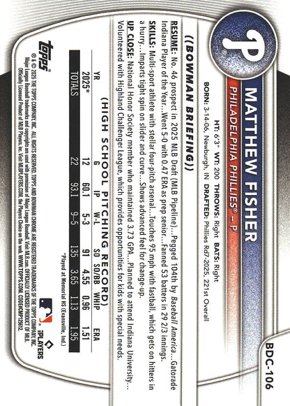 2025 Topps Bowman Draft Chrome Reptilian Fuchsia /199 1st Matthew Fisher #BDC-106 Philadelphia Phillies