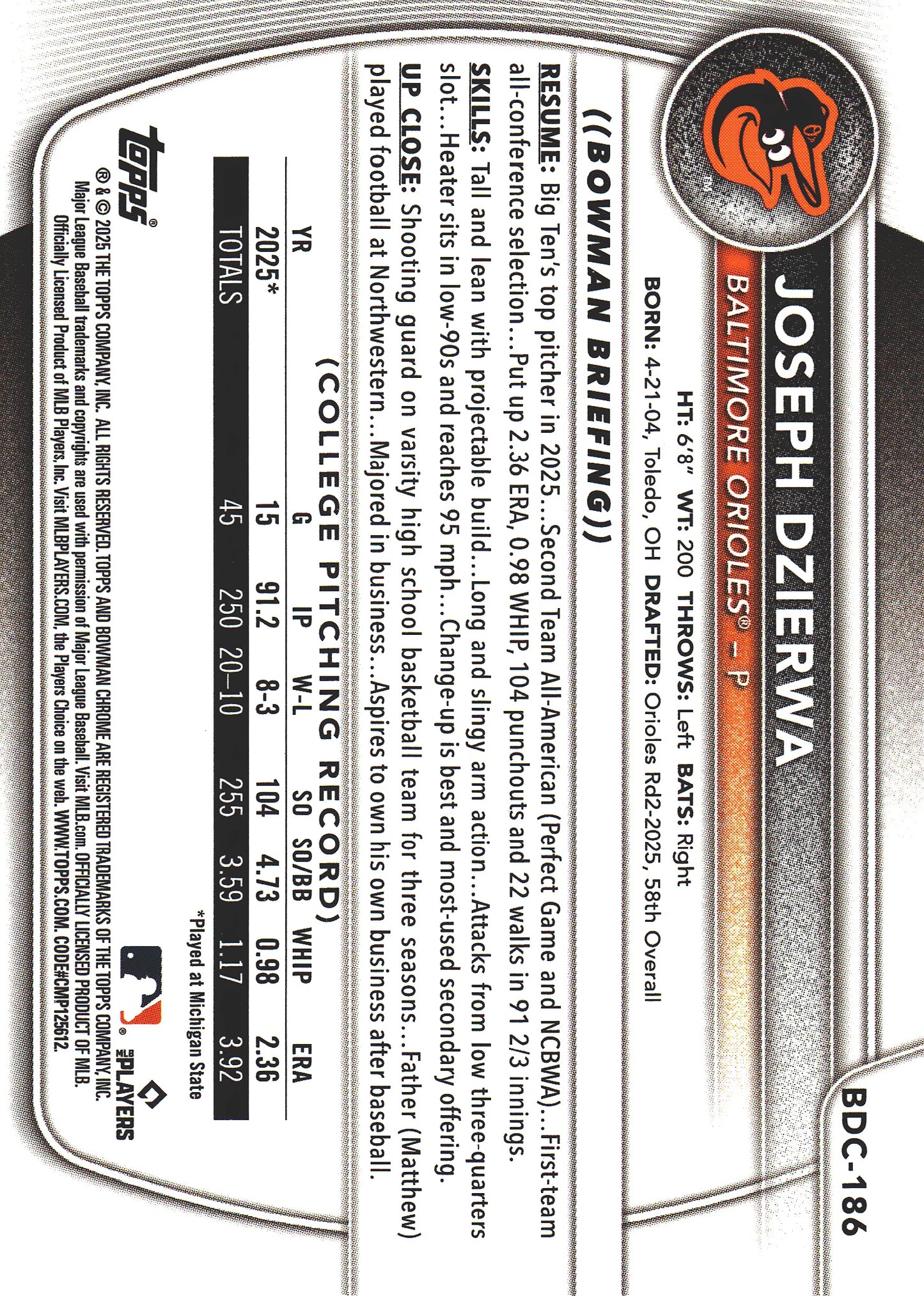 2025 Topps Bowman Draft Chrome Reptilian Fuchsia /199 1st Joseph Dzierwa #BDC-186 Baltimore Orioles