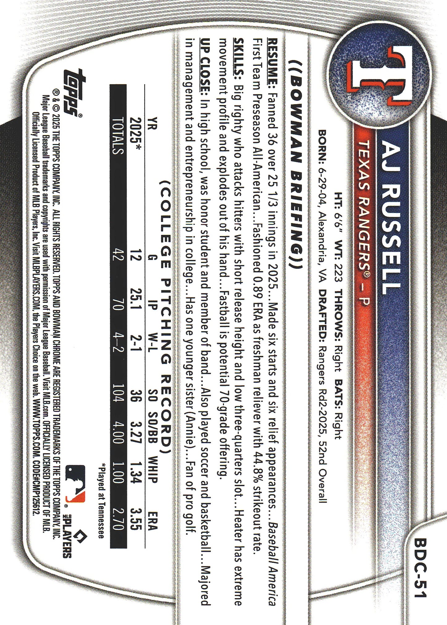 2025 Topps Bowman Draft Chrome Blue /150 1st AJ Russell #BDC-51 Texas Rangers